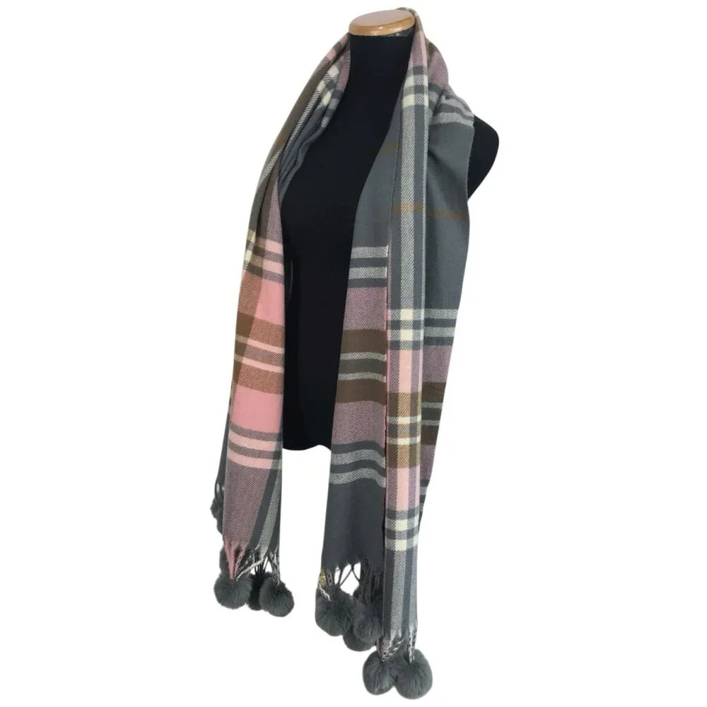 G‎ Scarf Wrap With Pom Poms Pink Gray Plaid Fringe